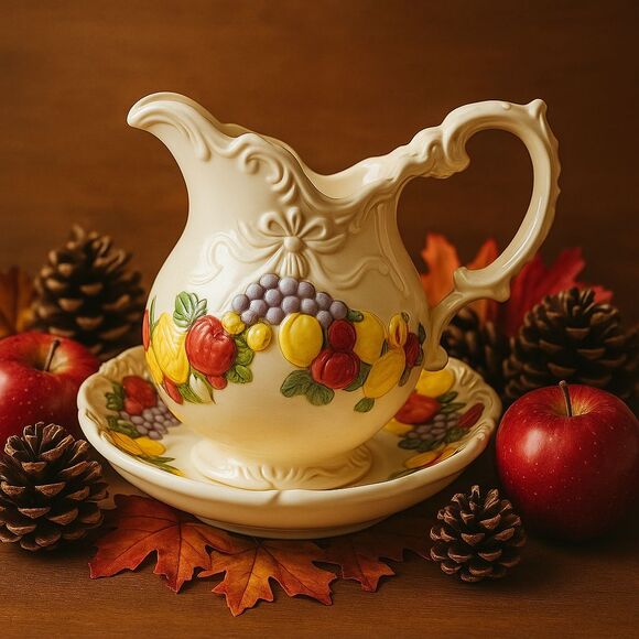 Vintage Relpo Harvest Pitcher & Bowl Set–1960s Fruit Motif, Japan–Cottagecore - Picture 1 of 16